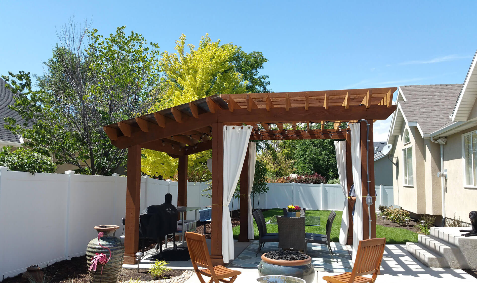 Wood Pergola with iron curtain lehi ut CFC Fences & Decks