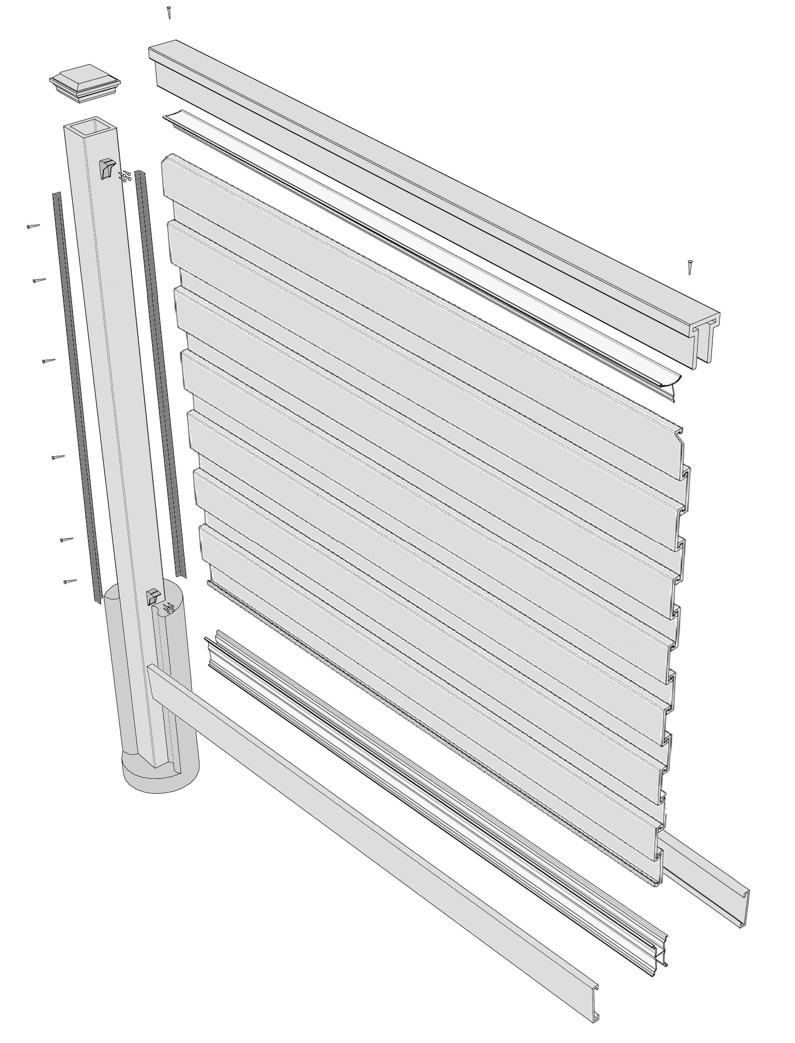 Exploded View of Trex Seclusions Horizontal Fence Panel with Post