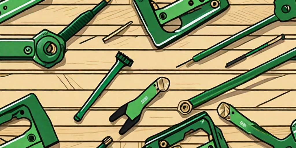 A provo simpson fastener and deck framing tools neatly arranged on a wooden surface