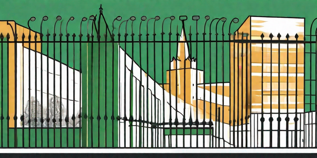 A scenic view of salt lake city with various types of iron railings and fences prominently displayed in the foreground